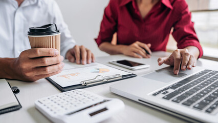 Business casual team meeting working with new startup project, discussion and analysis data the charts and graphs, computer using, Business finances and strategy accounting concept