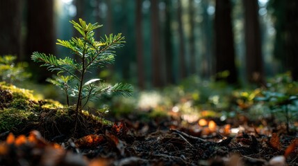 Obraz premium Global Warming A small sapling grows in a forest, surrounded by lush greenery and soft sunlight filtering through the trees.