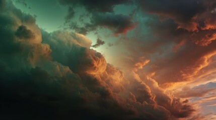 Fototapeta premium A dramatic sky filled with billowing clouds illuminated by golden light creates a breathtaking and awe-inspiring atmospheric display.