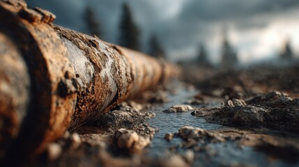 Global Warming Rusty pipe with water flow, set against a blurred, natural background.
