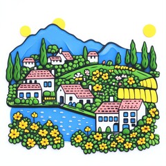 Fototapeta premium Colorful Illustrated Landscape with Charming Homes and Vibrant Flora