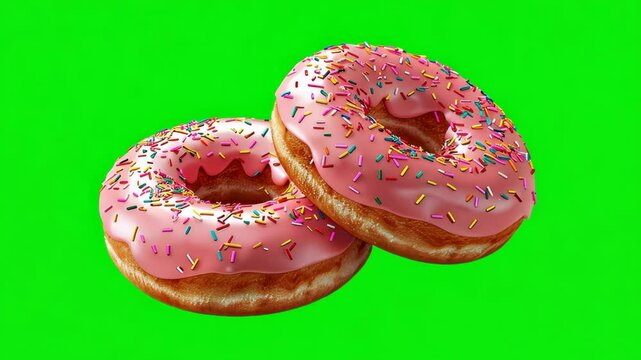 Two pink donuts with sprinkles rotating on green screen
