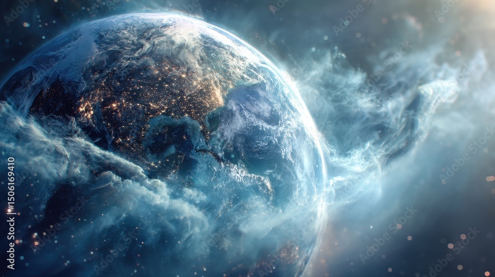 Aufkleber global warming a captivating view of earth surrounded by ethereal clouds and light.