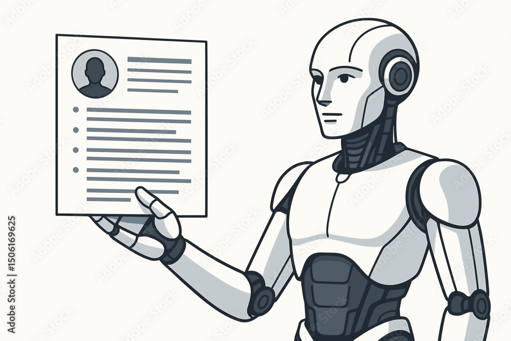 Poster futuristic android robot presenting professional resume cv - artificial intelligence job seeker auto