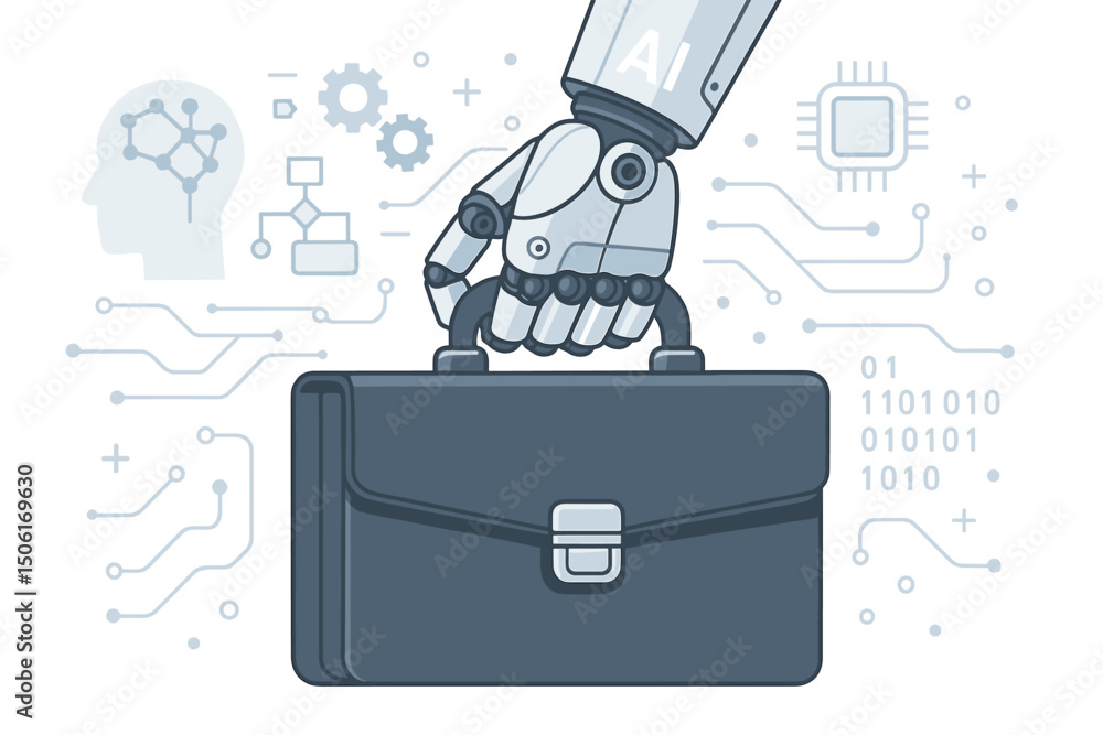Aufkleber robotic hand holding business briefcase with ai technology background featuring circuit boards, gear