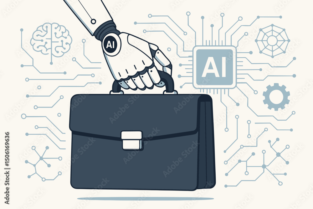 Aufkleber ai robot hand holding business briefcase with neural network circuit board background - artificial i
