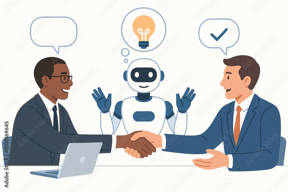 Aufkleber ai robot mediating successful business handshake between diverse professionals showing innovation li