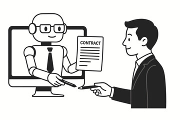 Digital recruitment concept vector illustration showing businessman shaking hands with AI robot recruiter holding contract document for remote hiring process