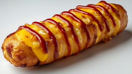 Corn dog with melted cheese and ketchup stripes. Golden brown coating, soft inside. Classic fair snack for National Corn Dog Day posts and promotions