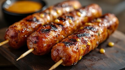 Grilled sausage corn dogs with caramelized glaze and char marks. Juicy, savory and packed with smoky flavor. Street food for National Corn Dog Day