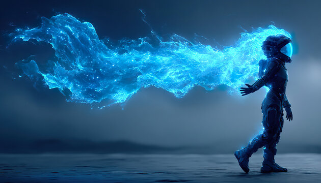 Futuristic astronaut walks with trail of glowing blue liquid energy in dark ambient environment - Generated with AI