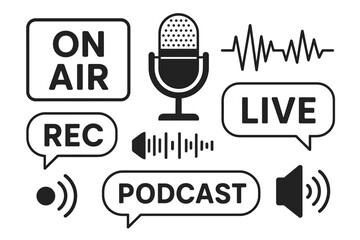 Podcast broadcasting icon set with microphone, live streaming, recording, on air signs and audio waveforms - black and white vector collection