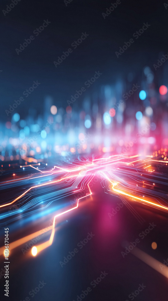 Aufkleber abstract technology backdrop with vibrant neon circuits and blurred cityscape bokeh. ideal for hight