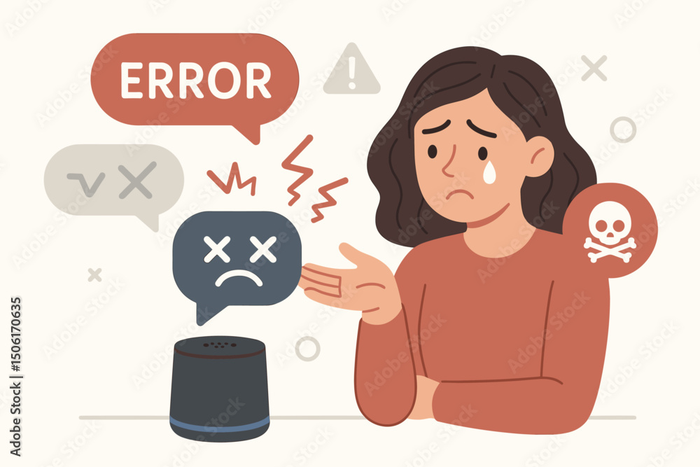 Poster sad frustrated woman pointing at malfunctioning smart speaker voice assistant with error messages wa