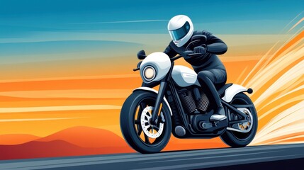 Naklejka premium Dynamic Motorcycle Rider on Open Road with Vibrant Sunset Background