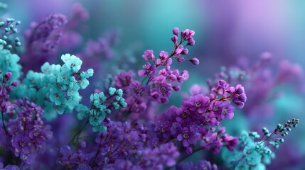 Close-up of vibrant purple and turquoise flowers with delicate petals, creating a colorful and beautiful floral display. Spring blossom.