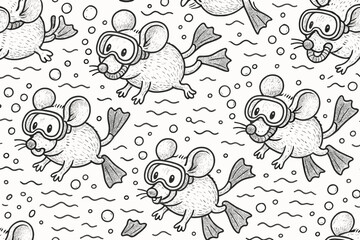 Cute hand-drawn mice snorkeling underwater seamless pattern with diving goggles flippers and bubbles adorable aquatic adventure background design