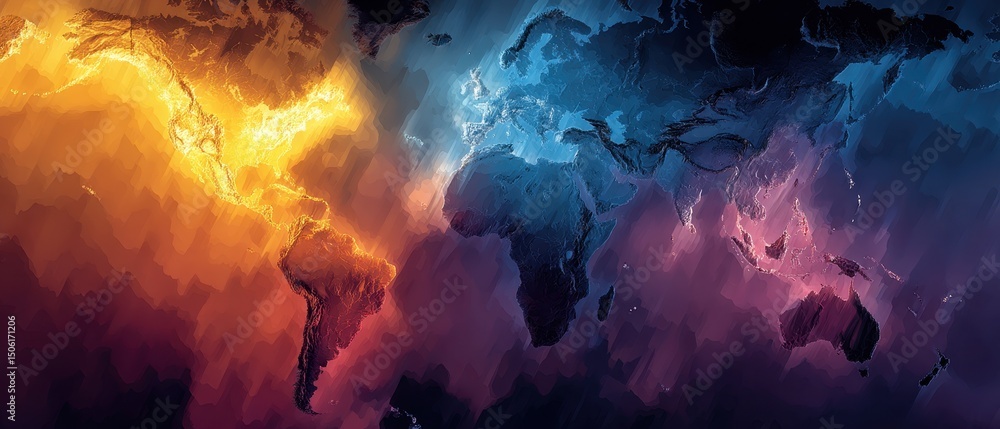 Aufkleber global warming abstract world map design with vibrant colors and dynamic textures.
