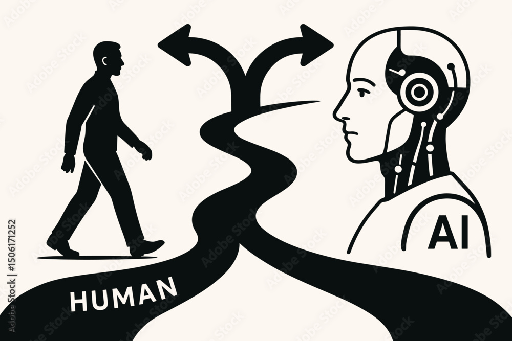 Poster human and artificial intelligence collaboration concept vector illustration showing synergy between 