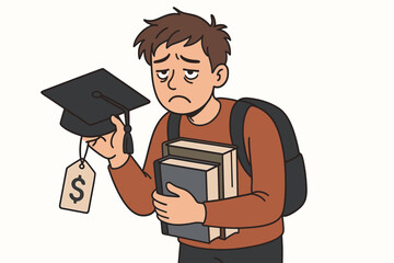 Worried student with graduation cap price tag and textbooks depicting expensive college tuition costs and education debt financial burden vector illustration