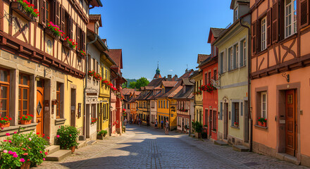 Fototapeta premium Picturesque European village with cobblestone streets, blooming flowers on windowsills, and historic architecture under a clear blue sky — ideal for tourism and lifestyle campaigns