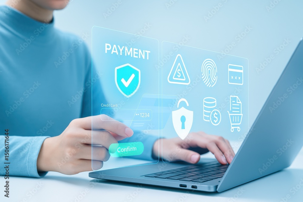 Poster woman using laptop for secure online payment, representing e-commerce convenience and digital transf