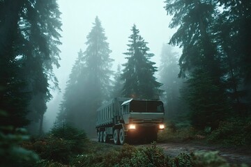 Military truck driving on a dirt road in a foggy forest