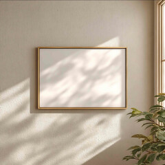 realistic mockup of an empty 32 horizontal picture frame hanging on a light beige wall frame is in landscape orientation thin vintage brass or antique gold m