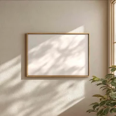Gordijnen realistic mockup of an empty 32 horizontal picture frame hanging on a light beige wall frame is in landscape orientation thin vintage brass or antique gold m © cefwr