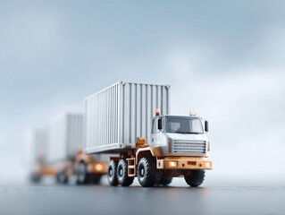 Logistics concept featuring miniature trucks carrying containers. Symbolizes supply chain, global trade, transportation, and delivery. Ideal for illustrating business solutions.