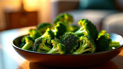 broccoli florets in bowl on table