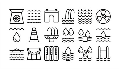 set of  outline icons related to hydropower  lin 