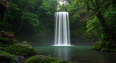 Majestic waterfall cascading into a natural pool surrounded by tropical vegetation — exotic destination feel for vacation, luxury resort, or eco-tourism content