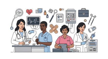 Diverse medical professionals working together in a modern healthcare setting