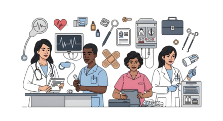 Diverse medical professionals working together in a modern healthcare setting