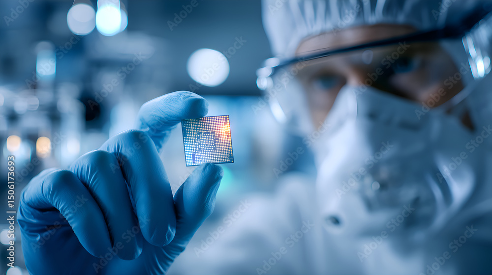 Poster scientist examining microchip in advanced laboratory