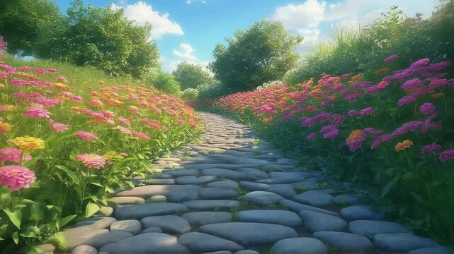 花と石畳の道