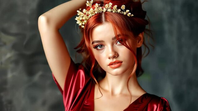 Redhead woman with crown: A stunning redhead model with a flower crown poses for a portrait. Her auburn hair is styled beautifully, and her expression is captivating. She is wearing a rich red dress.