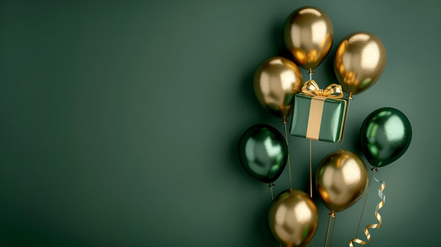 green and gold balloons and gifts on a red background with space for text, birthday banner with copy space