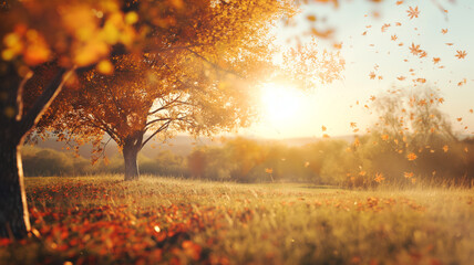 Fototapeta premium Autumn forest in the morning at sunrise, the sun rays pass through the golden foliage