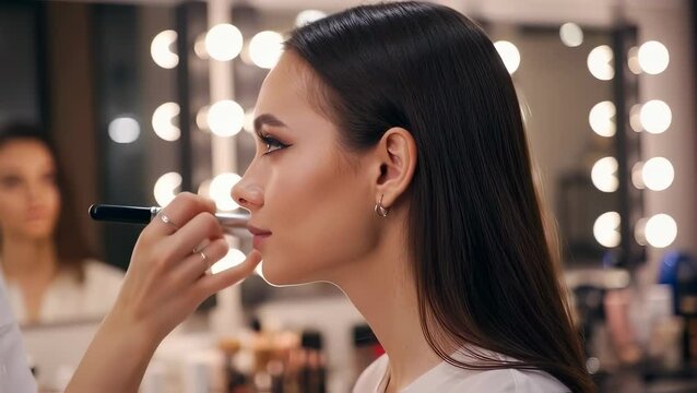 A makeup artist's hand carefully applies face powder with a large brush to a young woman's cheekbone in a profile view. The scene is set in a beauty salon with a mirror and glowing vanity bulbs.