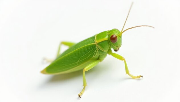 Green leafhopper against stark white backdrop, minimalism, green, invertebrate