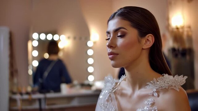 In a warmly illuminated studio, a makeup artist's hand carefully applies cosmetics with a brush to a stunning young woman's face, who wears a detailed white dress. Static shot.