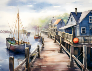 Obraz premium A serene watercolor painting captures a wharf scene with wooden docks, boats, and charming blue houses under a soft, misty sky