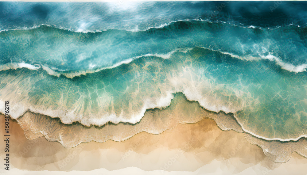 Poster overhead view of crashing ocean waves with frothy white foam receding onto a sandy beach in a waterc