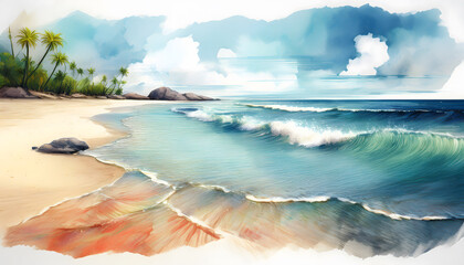 Naklejka premium A beautiful tropical beach scene with palm trees, sandy shores, and turquoise waves under a cloudy sky