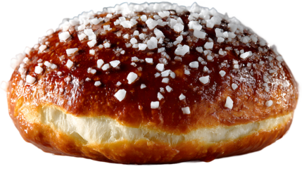 Closeup of a baked good topped with coarse salt crystals