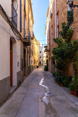 Fototapeta premium A narrow European street with old buildings and a wet patch on the pavement.