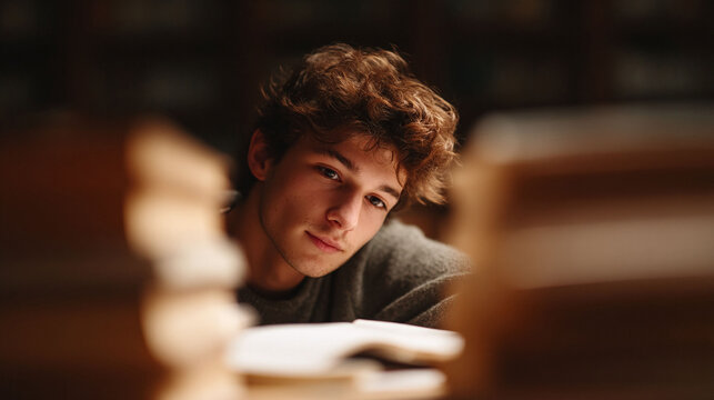 Intimate portrait of a young man reading, surrounded by books. He glances up, lost in thought. Evokes intelligence, warmth, and focus. Ideal for education, lifestyle, and personal growth themes.