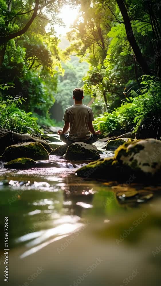 Poster man meditates seated in lotus position on river rocks surrounded by lush green forest, sunlight filt